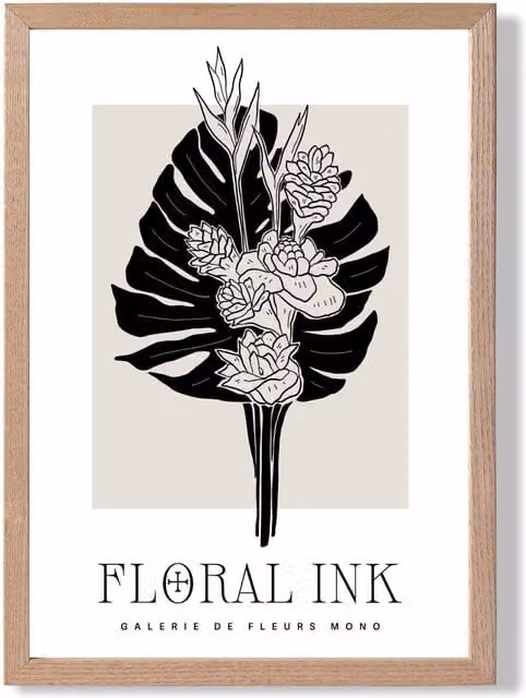 ARTZE Tropical Bouquet Black and Beige Floral Ink Sketch Framed Print with Oak Frame, A3 – 1