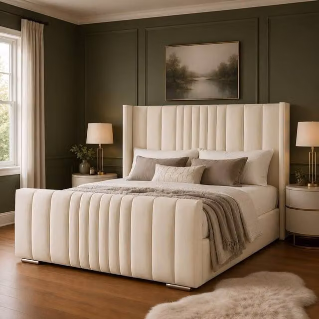Desire Deco Luxury Austin Wingback Panel Bed Frame in Beige, Double Size