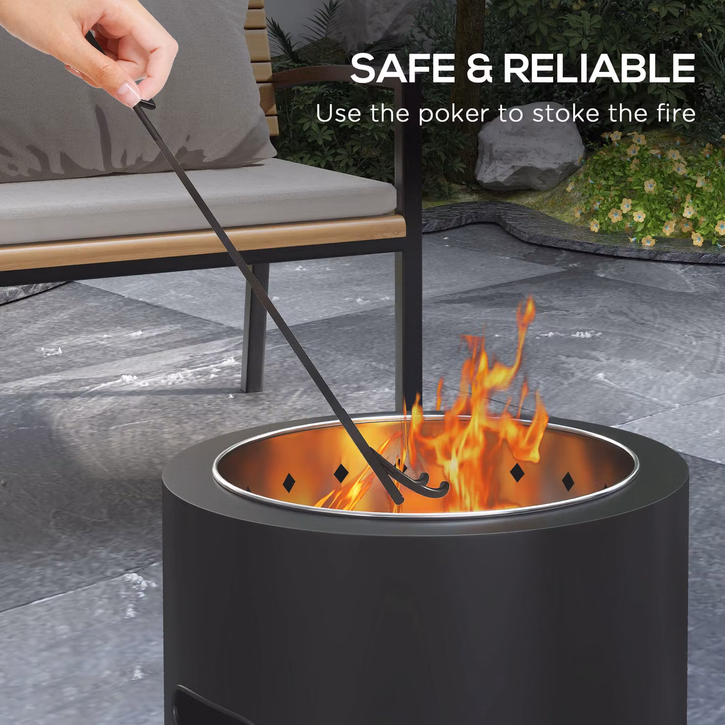Outsunny Smokeless Wood Burning Fire Pit, Black Metal Portable Round Bonfire Stove with Poker, Diameter: 45 cm – 6