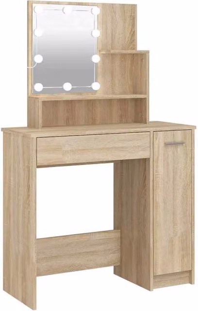 Berkfield Home Sonoma Oak Dressing Table with Hollywood LED in Light Tan, W: 86.5 cm, D: 35 cm, H: 136 cm