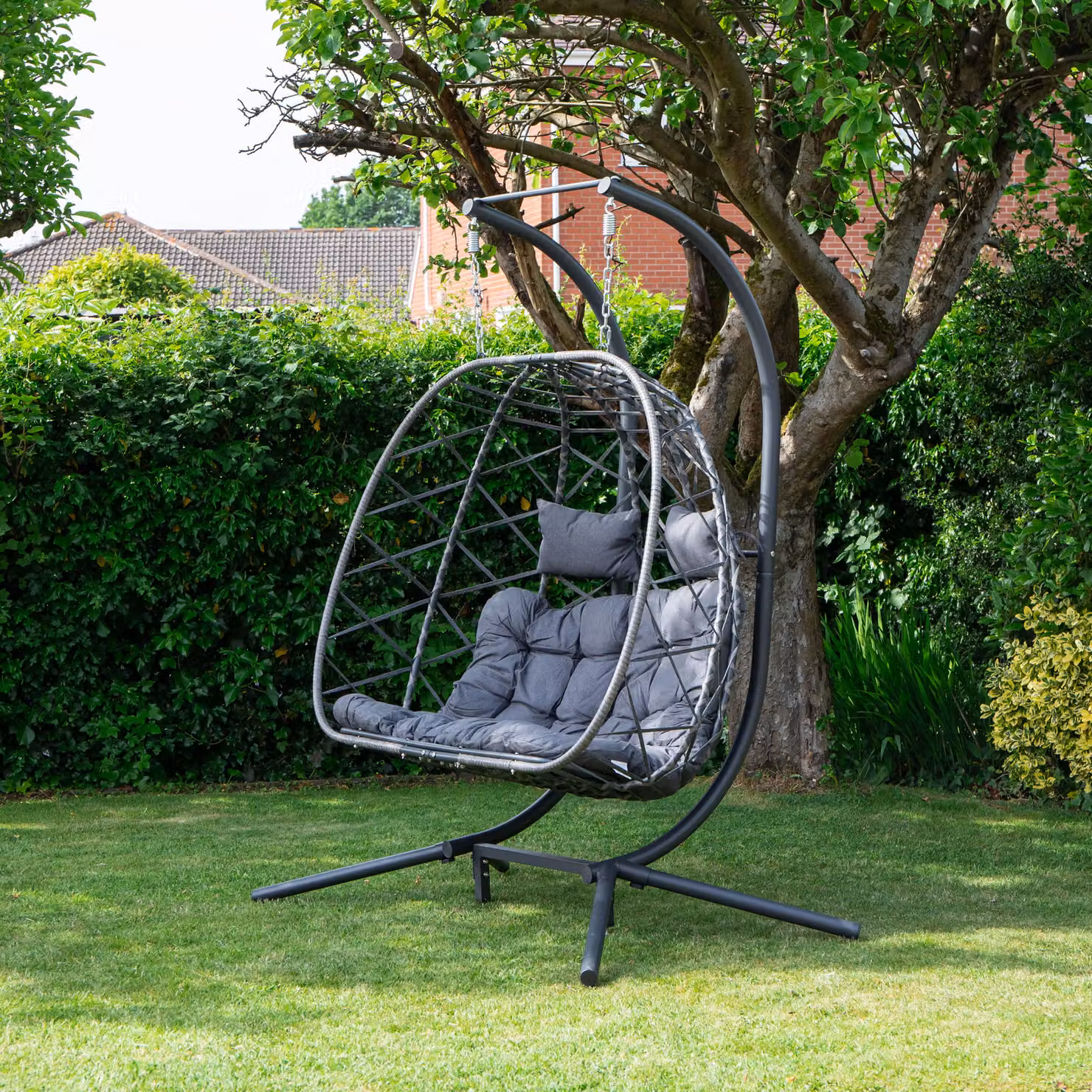 Samuel Alexander 2 Seater Hanging Garden Rattan Egg Chair with Steel Frame and Waterproof Cover in Grey – 2