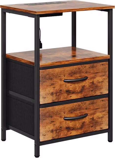 Livingandhome Industrial Wood Nightstand with Integrated LED Lighting in Dark Brown and Black