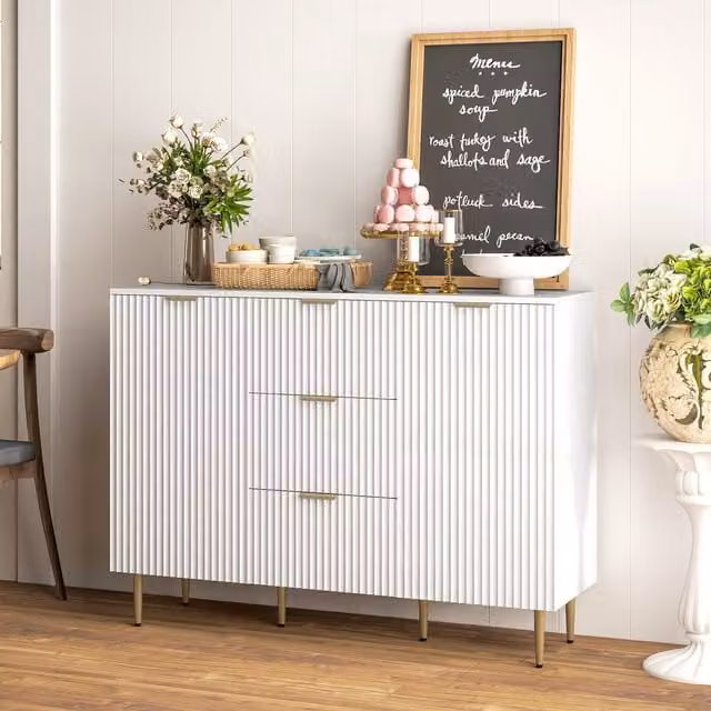 HOMCOM Modern White Sideboard Buffet Cabinet with 3 Drawers and Adjustable Shelves