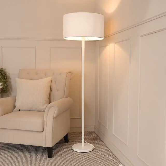 ValueLights White Metal Single Stem Floor Lamp with Grey Fabric Drum Shade and LED Bulb