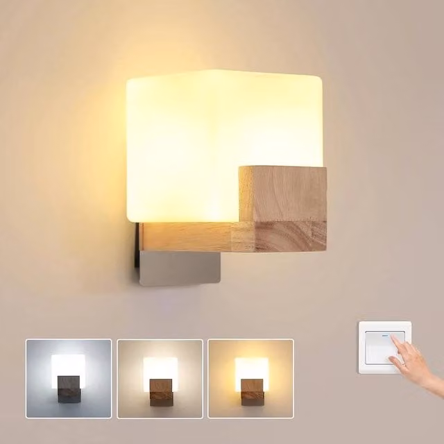 EONLION Modern Dimmable LED Wall Lamp with Glass and Wood Accents, E27, Multicolour
