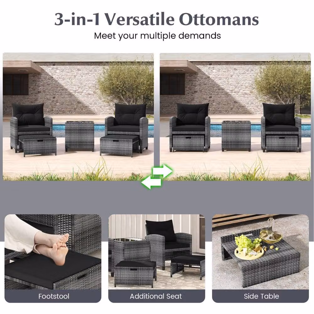 Costway 5-Piece Black Polyrattan Patio Furniture Set with Upholstered Lounge Armchairs and Ottomans – 6