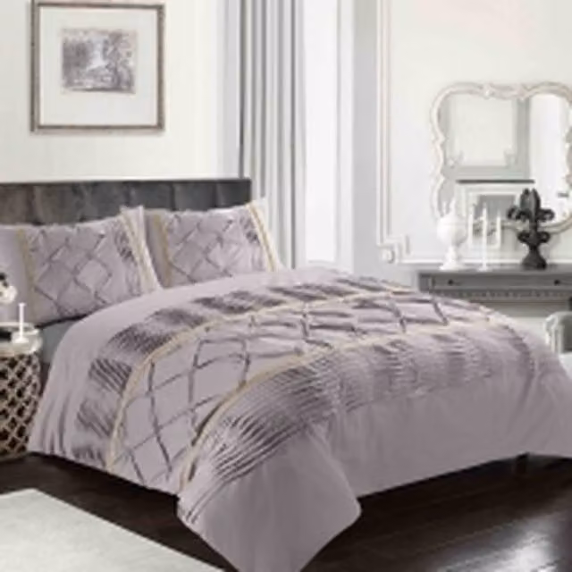 Homes-Linen Luxury Eleanor Pintuck Striped Duvet Cover Set in Silver Grey, Size: 90 x 200 cm