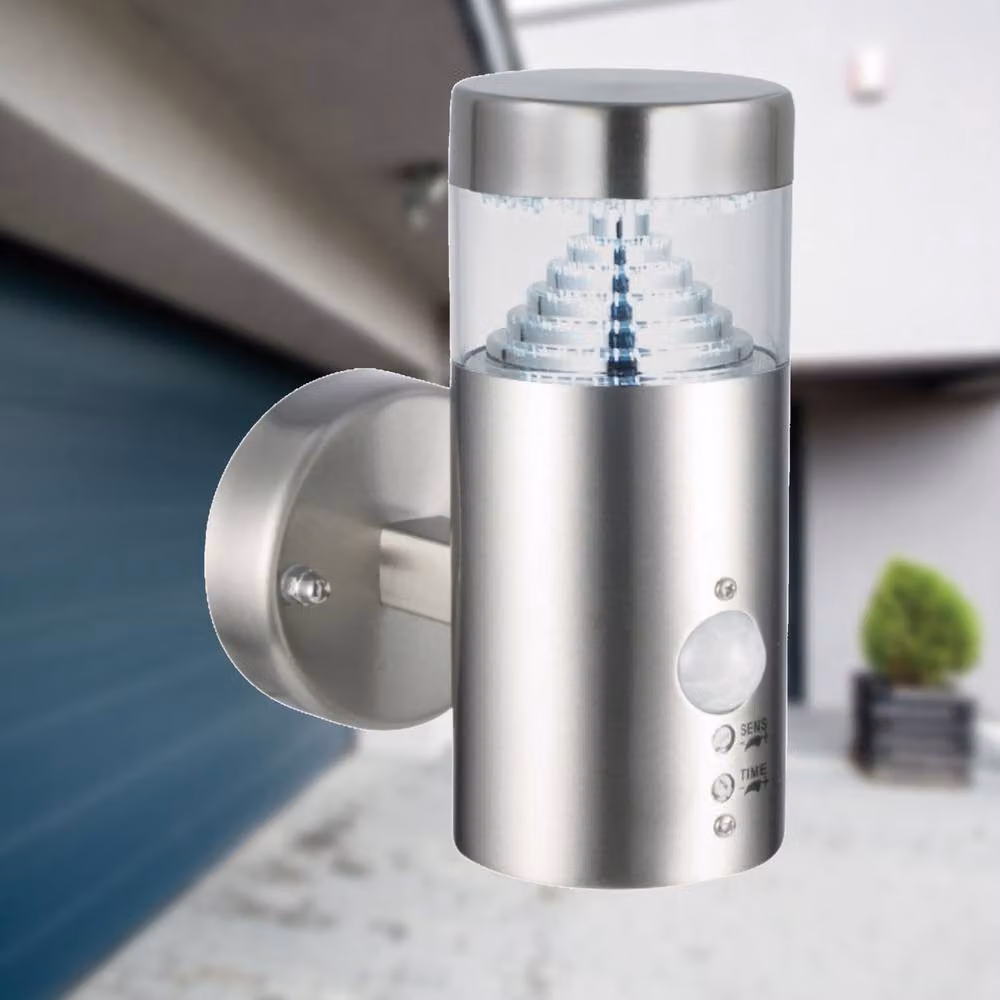 First Choice Lighting Pyramid Stainless Steel LED Outdoor Motion Sensor Wall Light in Silver – 2