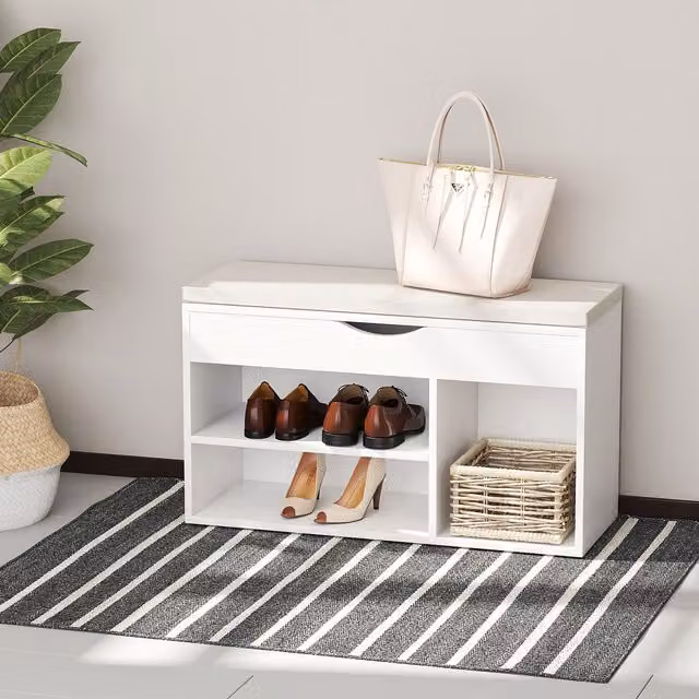 HOMCOM Modern Wooden Shoe Cabinet Bench with Padded Seat in White and Brown – 1
