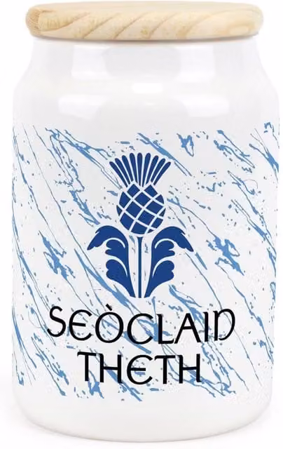 Purely Home Scottish Thistle Ceramic Airtight Storage Canister for Hot Chocolate, Blue and White Floral Design