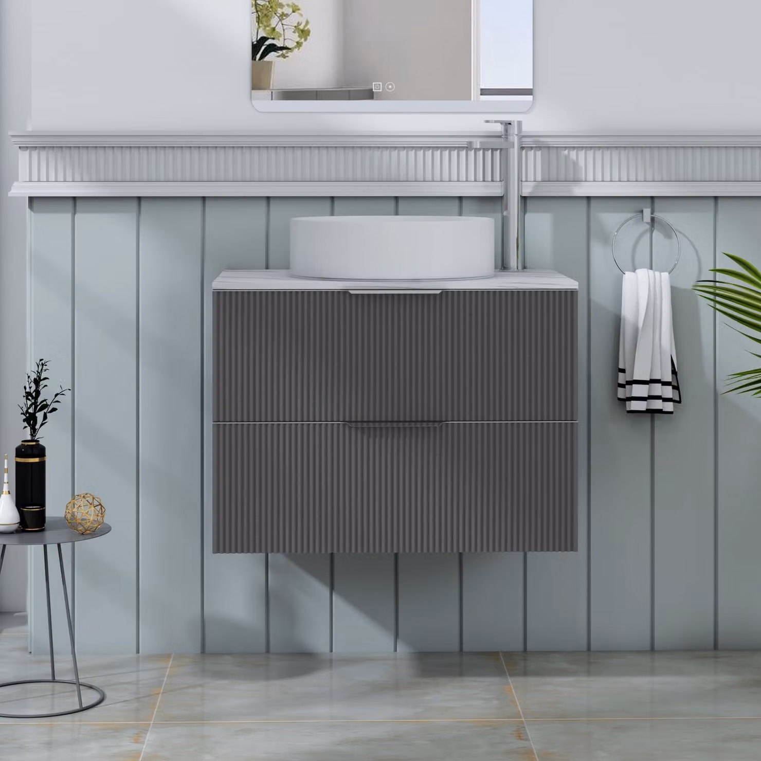 Royal Bathrooms Evora 700mm Graphite Grey Fluted Wall Hung Countertop Vanity Unit with 2 Drawers and Art Basin