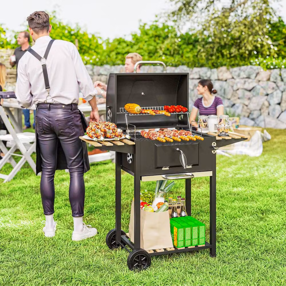 Rolipo Charcoal BBQ Smoker with Warming Rack, Thermometer and Wheels, Black, W/D/H: 112 x 58 x 107 cm – 4
