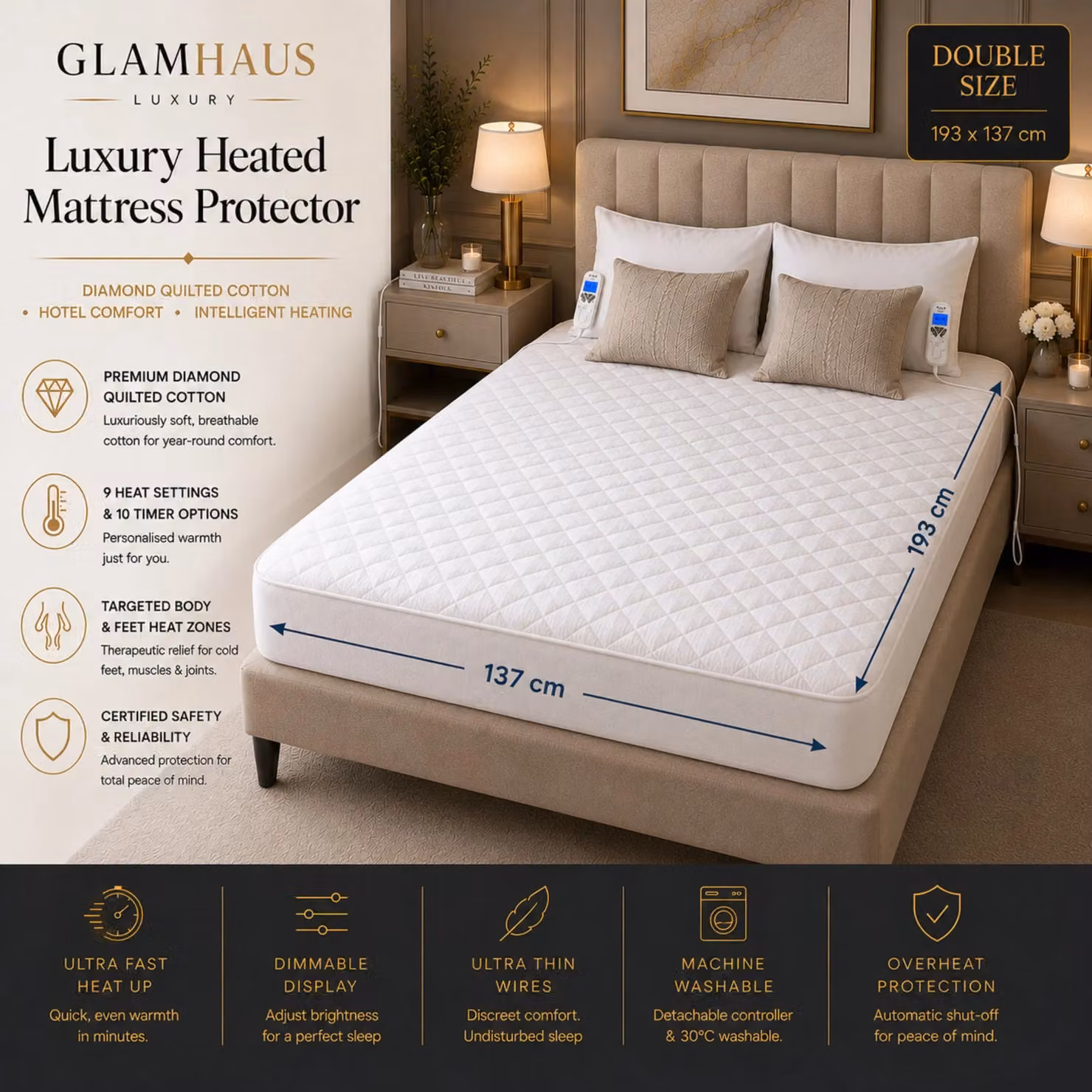 Glamhaus White Double Bed Size Electric Heated Fitted Mattress Cover with Separate Heat Zones and Timer, W/D/H: 140 x 200 cm – 2