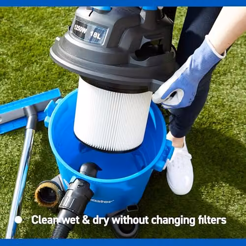 Vacmaster WD18 Wet & Dry Vacuum Cleaner in Blue with Garden Accessory Set and Artificial Grass Revitaliser Tool, 1250W, 18 Litre – 6