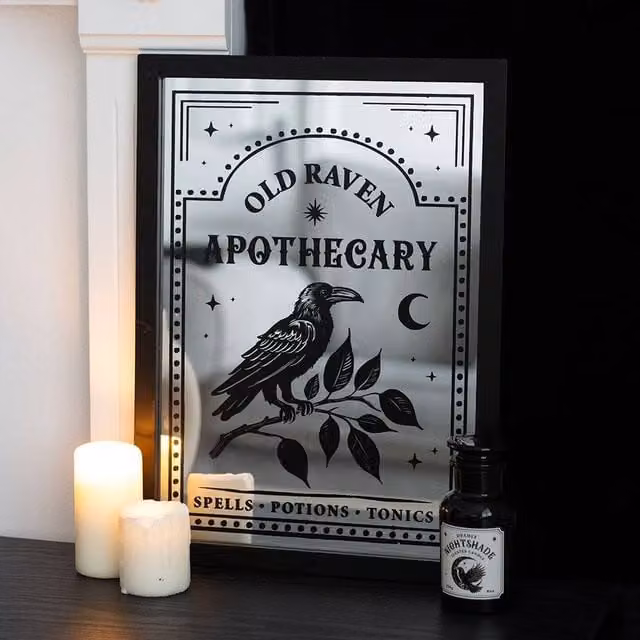 Uniqueful Old Raven Apothecary Mirrored Wall Art in Black, W: 33 cm, H: 45 cm, D: 0.2 cm – 1
