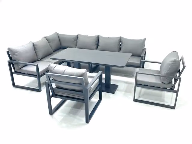 Fimous Aluminum Outdoor Garden Furniture Set with Corner Sofa, 2 Chairs and Adjustable Rising Dining Table in Dark Grey