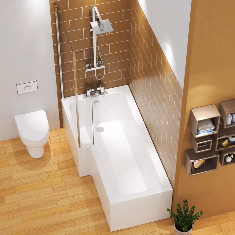 Qubix Left Hand L Shaped Asymmetric Shower Bath with MDF Front, End Panel and Shower Screen, White, W: 160 cm, D: 85 cm
