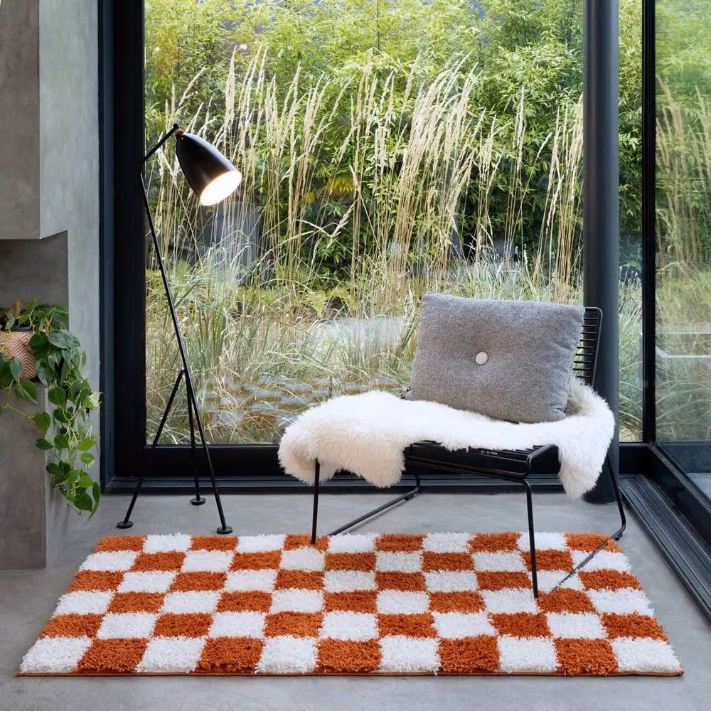 Kukoon Checkerboard Shaggy Living Room Area Rug in Terracotta, Beige and Orange, W: 280 cm, D: 380 cm – 3