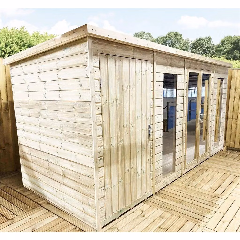 Marlborough Pressure Treated Pent Summerhouse with Side Shed in Natural Wood, W: 548.64 cm, D: 381.0 cm, H: 243.84 cm – 2