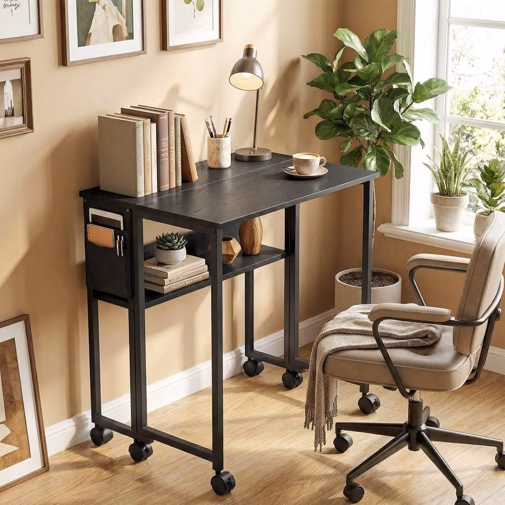 STILVORA Drop Leaf Desk with Shelf and Castors in Black – 3