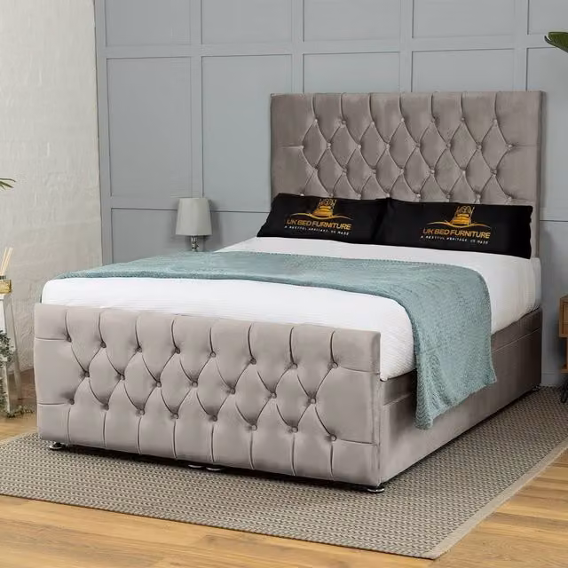 UK Bed Furniture Winchester End Lift Divan Ottoman Bed with 54 Inch Headboard in Light Beige, Size: Small Double (W/D: 120 x 200 cm)