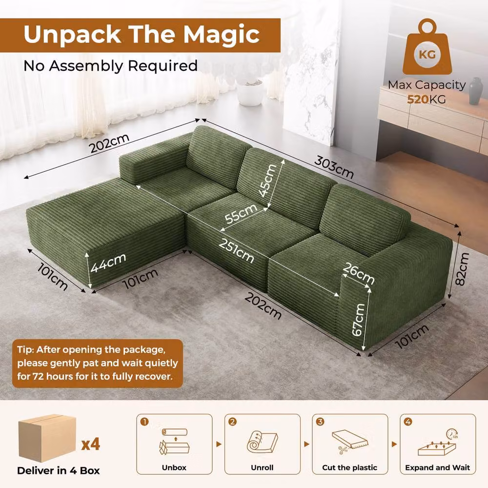 Dprodo Corduroy Modular L-Shape Sofa in Green with Matching Ottoman and Removable Covers – 2