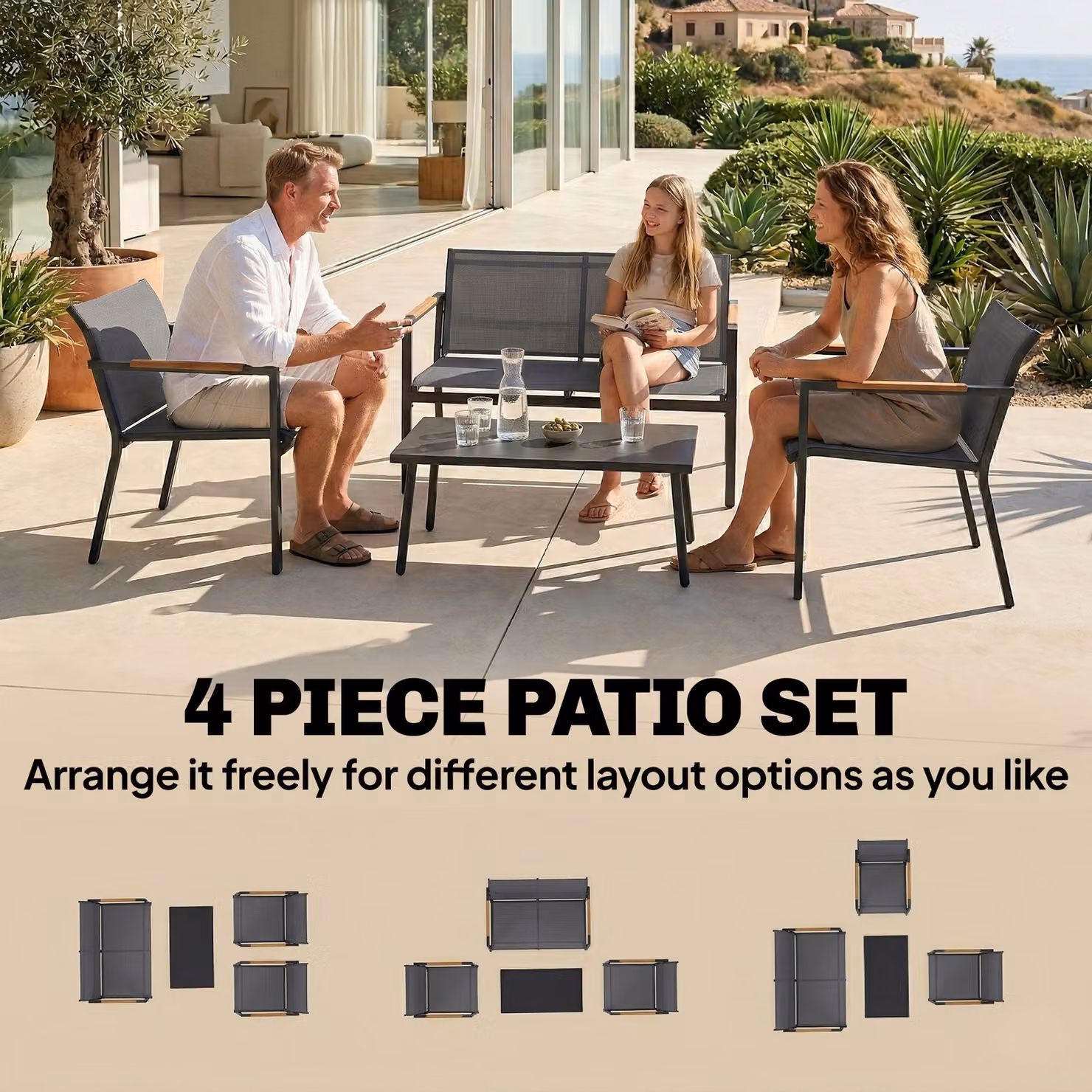 Outsunny 4 Seater Grey Metal Garden Furniture Set with Loveseat, Armchairs and Table – 4