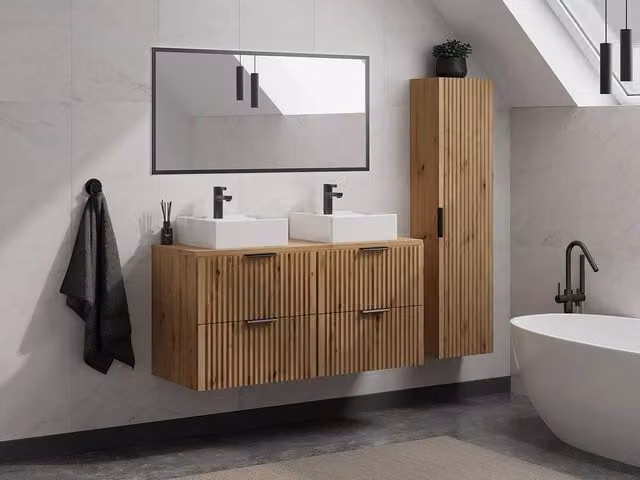 Vente-unique Striated Suspended Bathroom Furniture with Over Counter Basin in Light Oak – 1