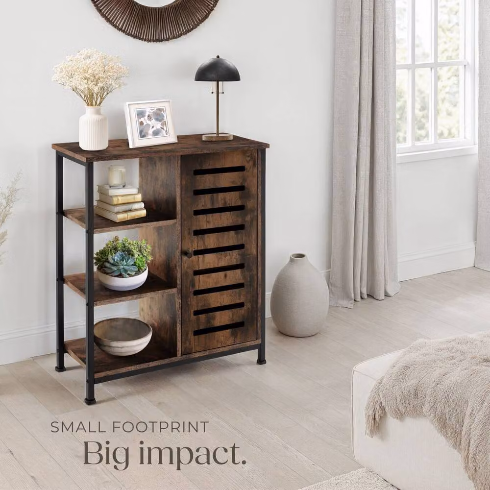 tectake Industrial Sideboard with 3 Open Shelves in Brown and Black Oak Finish – 7