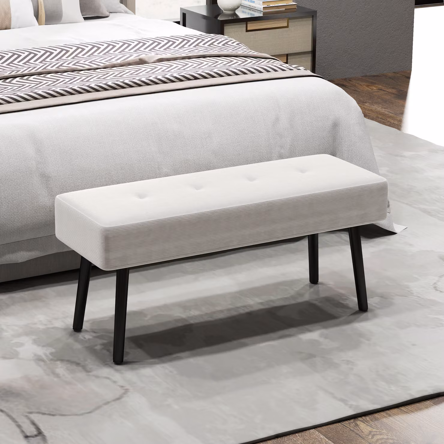 HOMCOM Corduroy End of Bed Bench with Thick Padding and Metal Legs in Cream White – 2