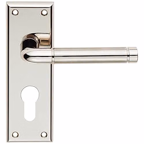 Loops Pair Round Bar Lever on Euro Lock Backplate in Polished and Satin Nickel, W/D/H: 150 x 50 mm