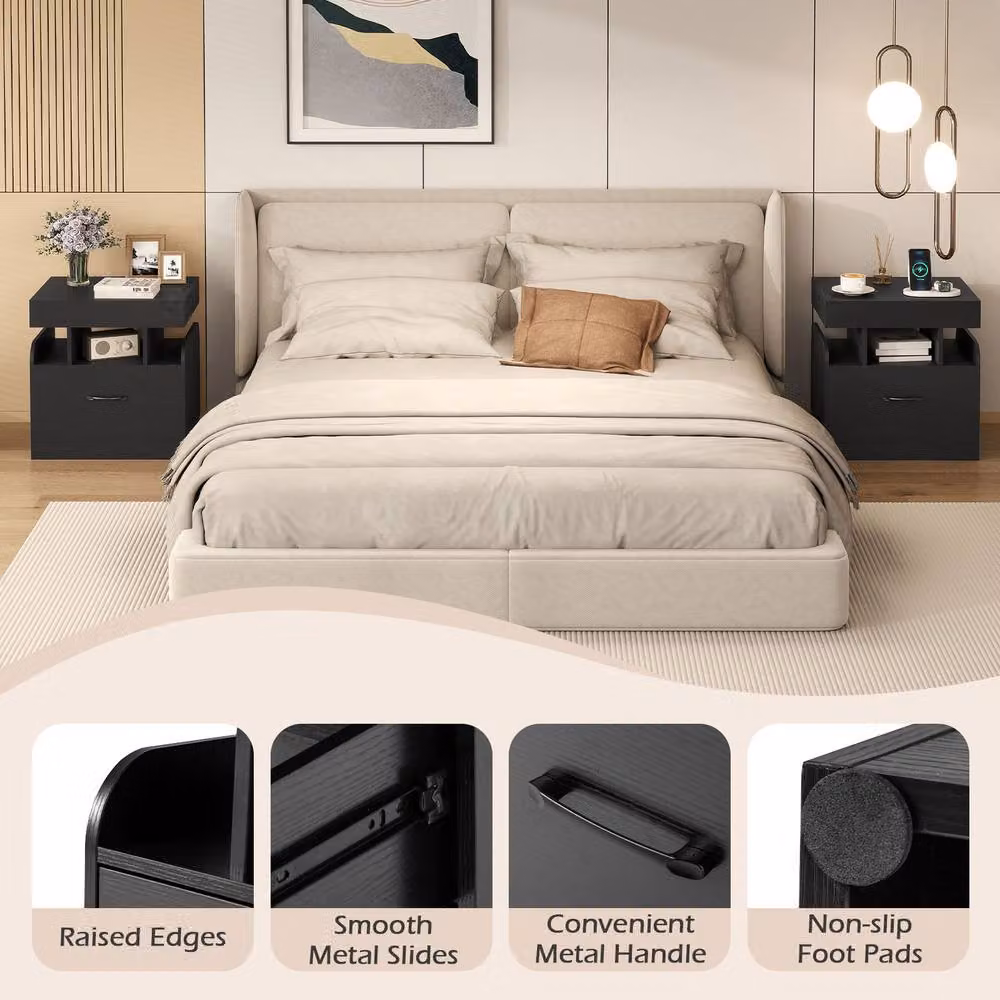Costway Modern Wooden Nightstand with Drawer and Charging Outlets in Black – 6