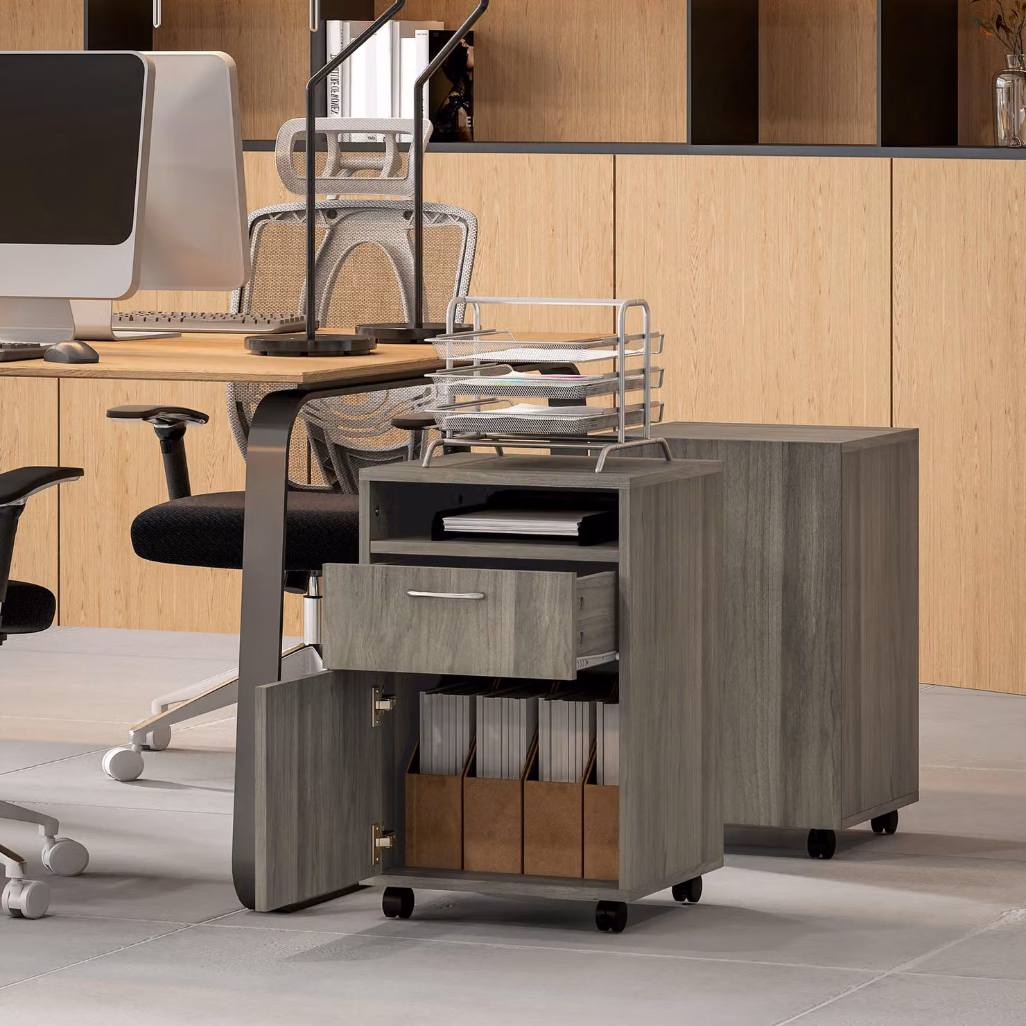 HOMCOM Grey Mobile Filing Cabinet and Office Organiser with Drawer, Open Shelf and 4 Wheels – 7