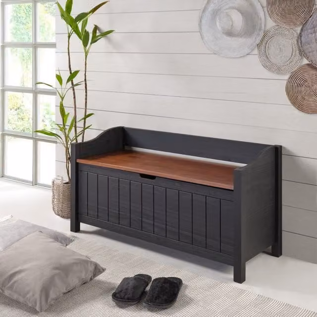 Mercers Furniture Cottage Black Wood Storage Bench in Rustic Pine, W/D/H: 107.0 x 42.0 x 59.0 cm
