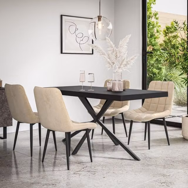 More4Homes Donni Dining Table and Nova Velvet Dining Chair Set, Black Table with 6 Beige Chairs