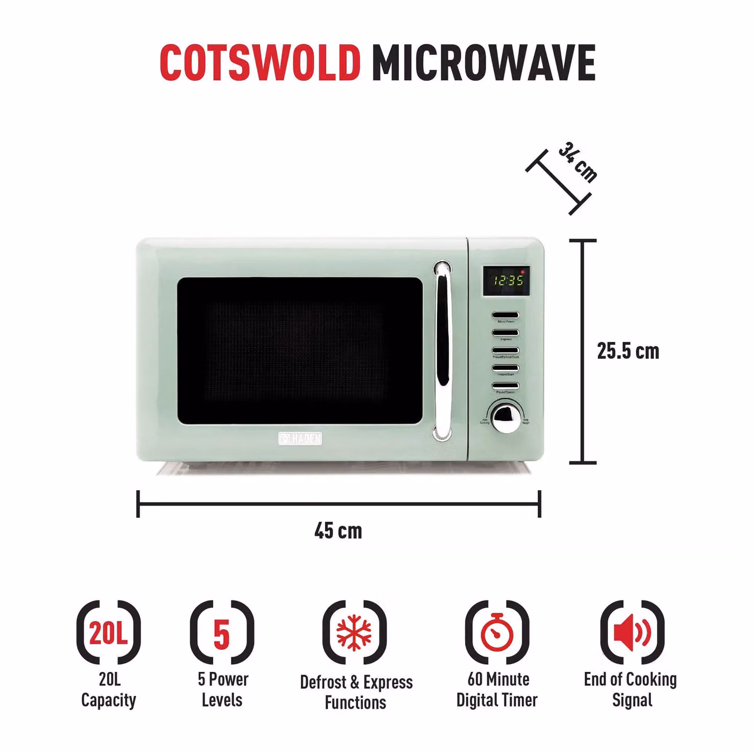 Haden Cotswold 800W Solo Countertop Microwave with 20l Capacity in Green – 4