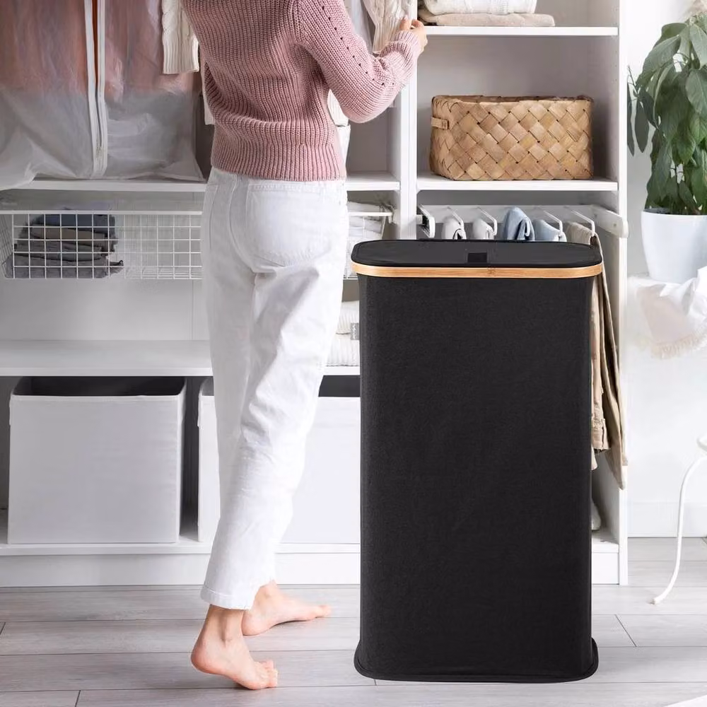 FLAVORA Black Vencier 60L Slim Laundry Hamper with Lid and Bamboo – 3