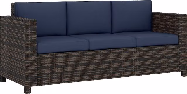 Outsunny 3 Seater Rattan Sofa with Powder Coated Steel Frame and Fire Resistant Blue Cushions
