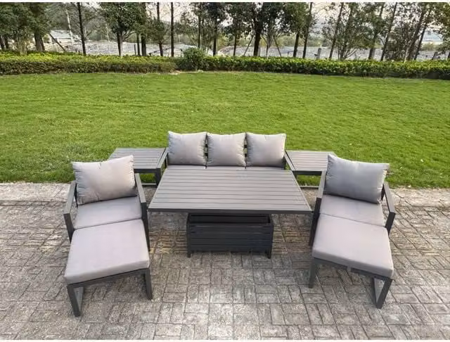 Fimous 8-Piece Powder Coated Aluminium Garden Sofa Set with Height Adjustable Lifting Table, 2 Chairs and 2 Large Stools in Matt Dark Grey