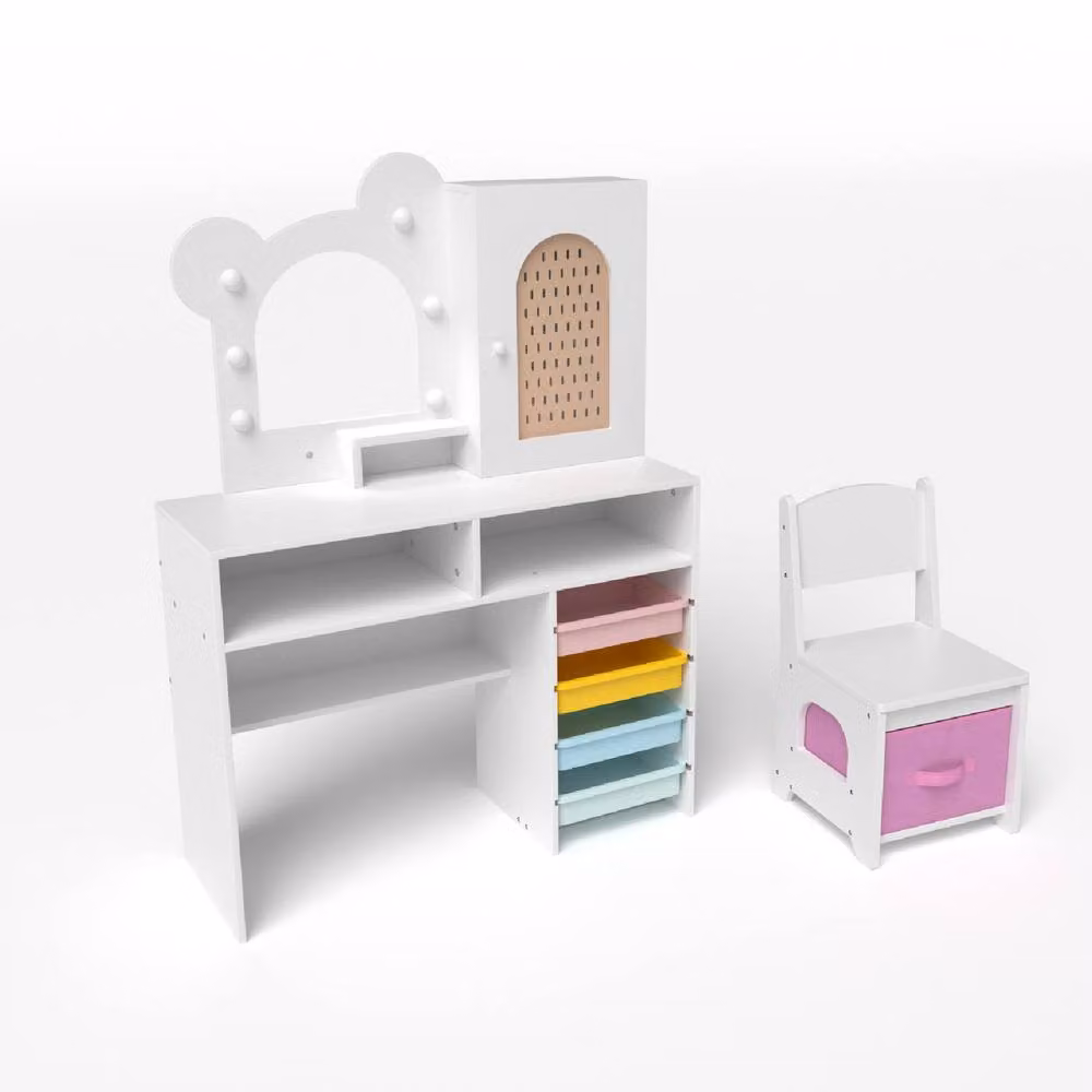Costway Kids Dressing Table and Chair Set with 5 Drawers and Hollywood LED Lights in White – 2