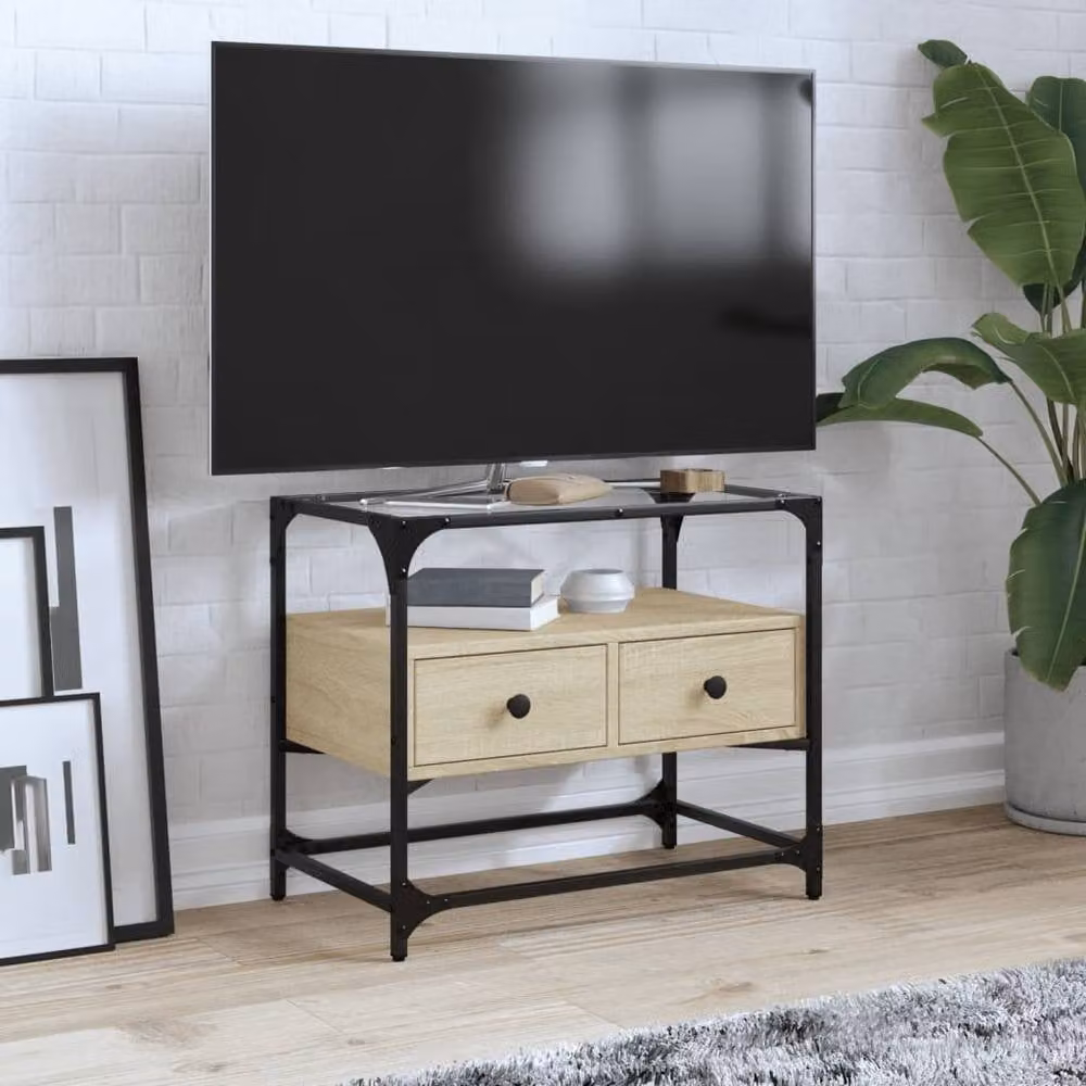 Berkfield Home TV Cabinet in Sonoma Oak with Glass Top and Engineered Wood, W/D/H: 60 x 35 x 51 cm – 2