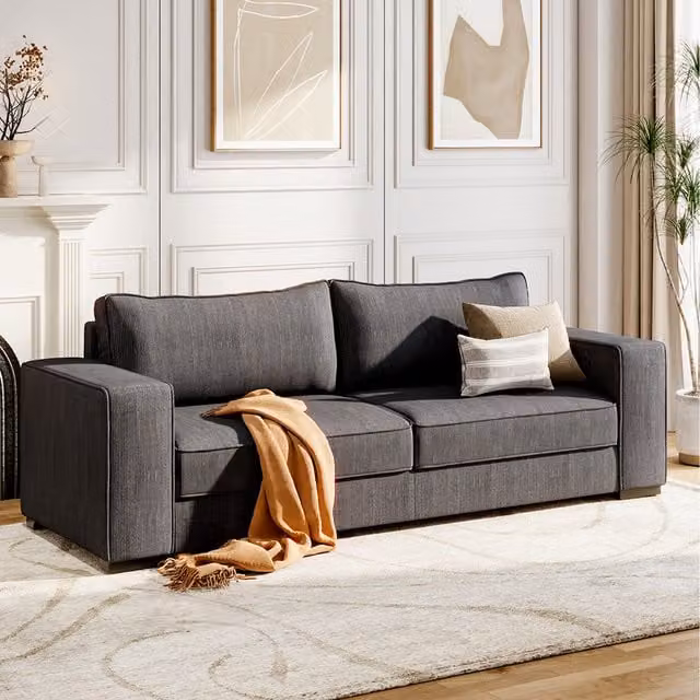 Livingandhome 3-Seater Modern Linen Fabric Sofa in Grey with Removable Covers and Scatter Cushions, W: 230 cm, H: 88 cm, D: 80 cm