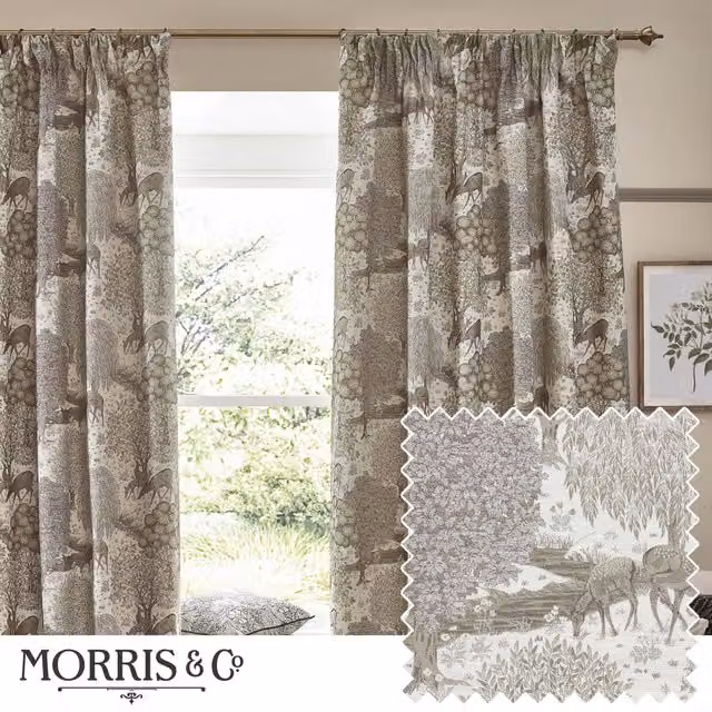Morris & Co Brook Woodland Jacquard Pencil Pleat Curtains in Beige, Width: 117 cm, Drop: 183 cm – 1