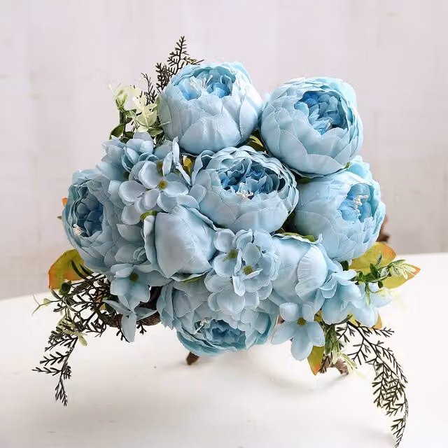 YnysTec 13 Heads Blue Silk Peony Artificial Flower Bouquet for Wedding and Home Decor