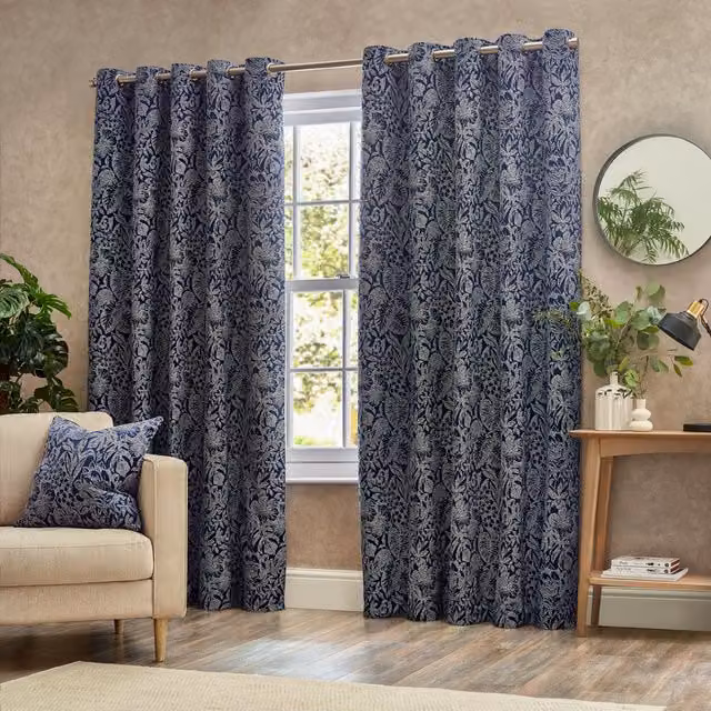 Bali Midnight Blue Jacquard Floral Blackout Eyelet Curtain Pair, W: 168 cm, H: 229 cm