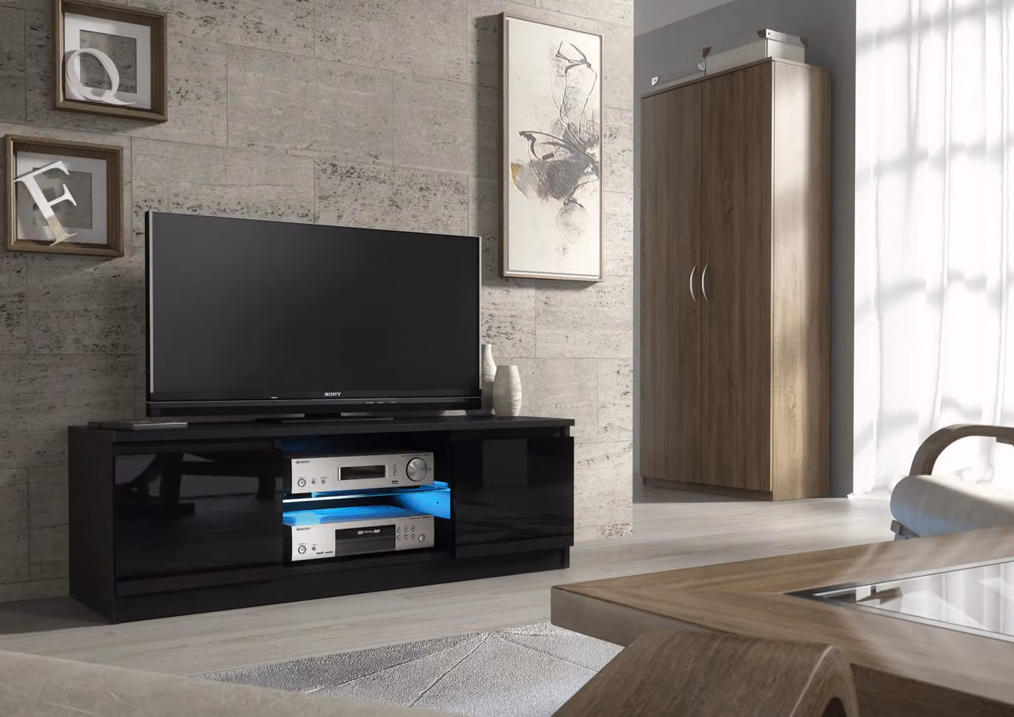 Mex Furniture LTD Modern Glossy Black TV Unit with LED Lighting, W: 120 cm, D: 40 cm, H: 38 cm – 2