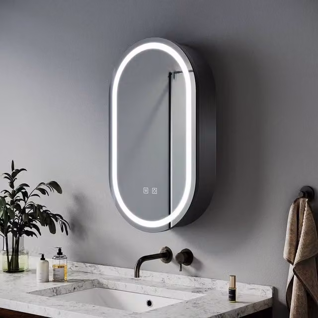 FLAVORA Oval Black Matt Bathroom Mirror Cabinet with LED Lighting and Shaver Socket, W/D/H: 40 x 70 x 14 cm – 1