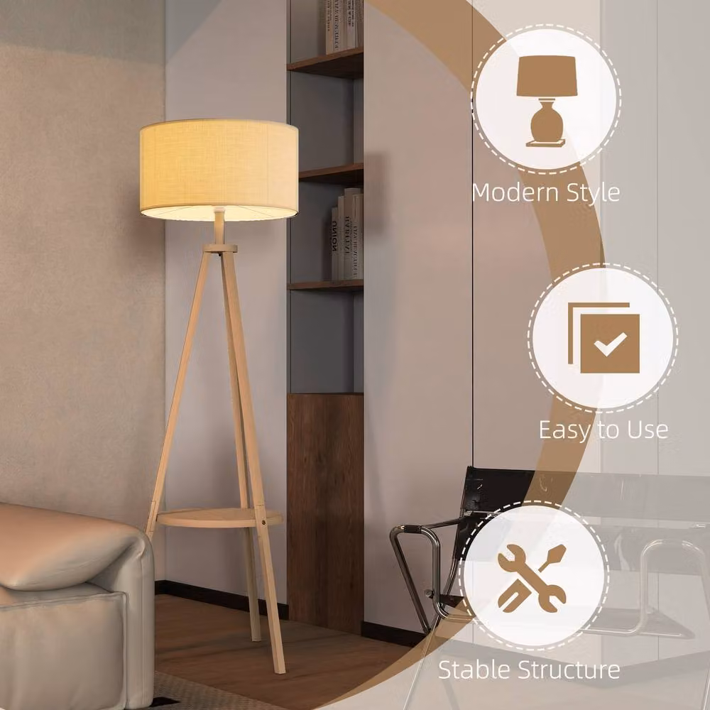 HOMCOM Tripod Bedside Lamp with Beige Linen Shade and Wood Storage Shelf, Height: 45.72 cm – 4