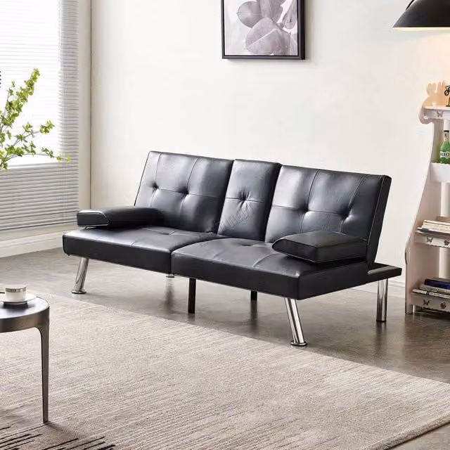 WestWood Manhattan Faux Leather Click Clack Sofa Bed in Black with Cup Holders and Scatter Cushions