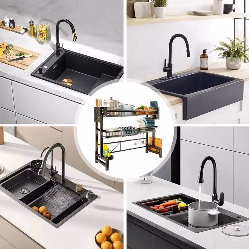 NESTLUNE 2 Tier Expandable Over The Sink Dish Drying Rack in Black, W: 100 cm, D: 15 cm – 3